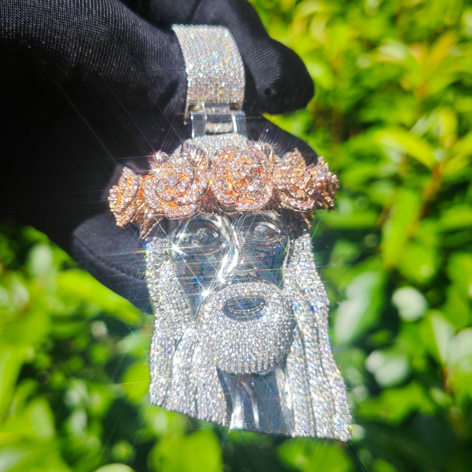 Unique Jesus Rose Design Hip-Hop Men's Pendant Street Fashion Zircon Necklace Pass the diamond tester