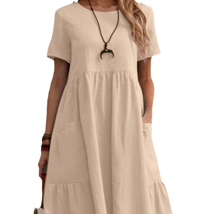 X626Retro Loose Pocket Solid Color Round Neck Women's Cotton and Linen Dress