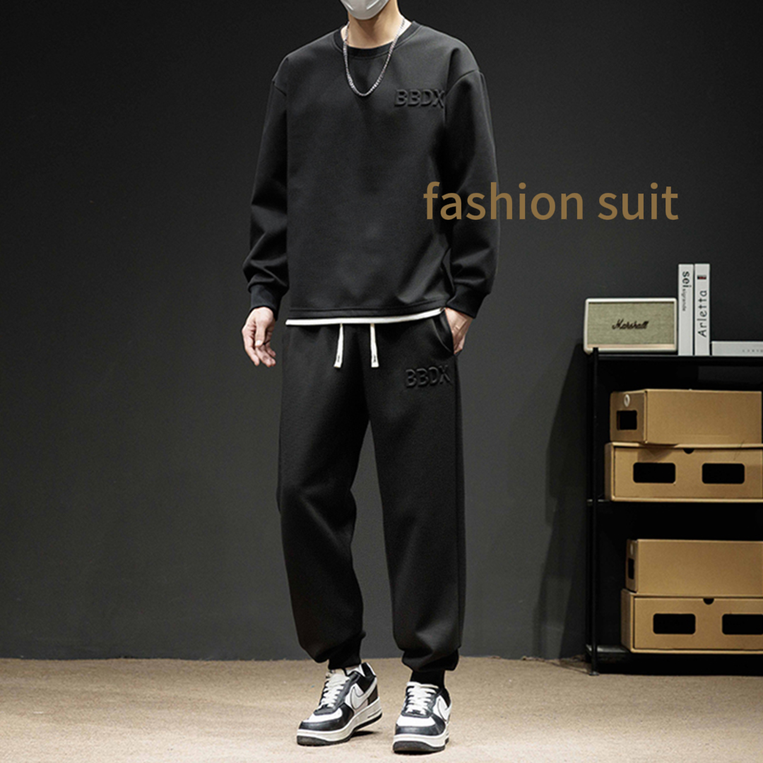 Designer 2-Piece Plus Size Men's Waffle Knit Sweatshirt Set Autumn Loose-Fit Sportswear - Oversized Casual Tracksuit