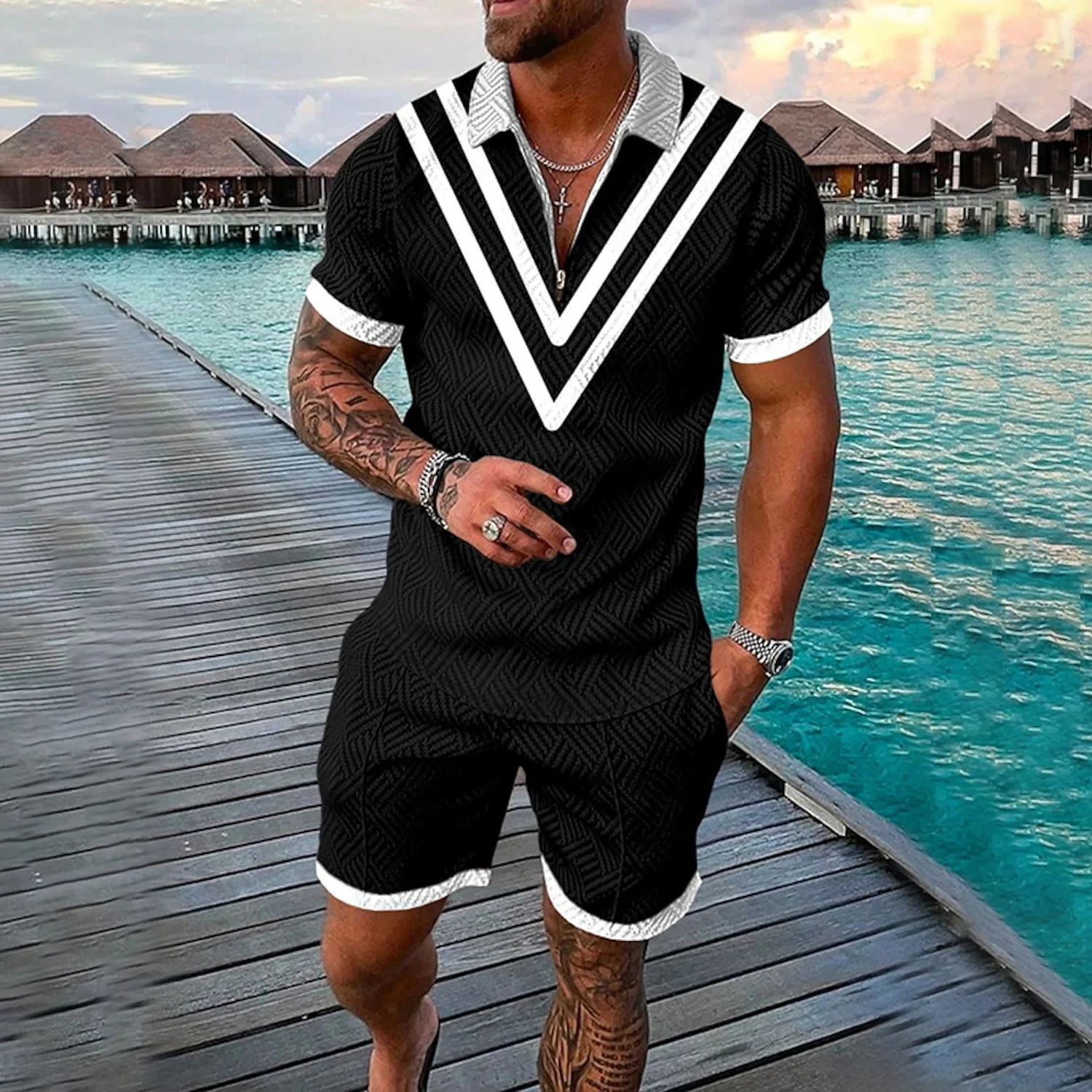 Funny 3D Printed Mens 2 Piece Sets Fashion Polo ShirtShorts Outfit Casual Short Sleeve Zipper Shirts Summer Hip Hop Streetwear 250624