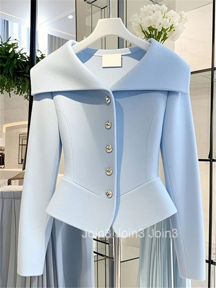 Small Fragrant Blue Blouse Women Spring Autumn Turn Down Collar Hem Irregular Top High-end Luxury Slim Shirt Office Lady Suit