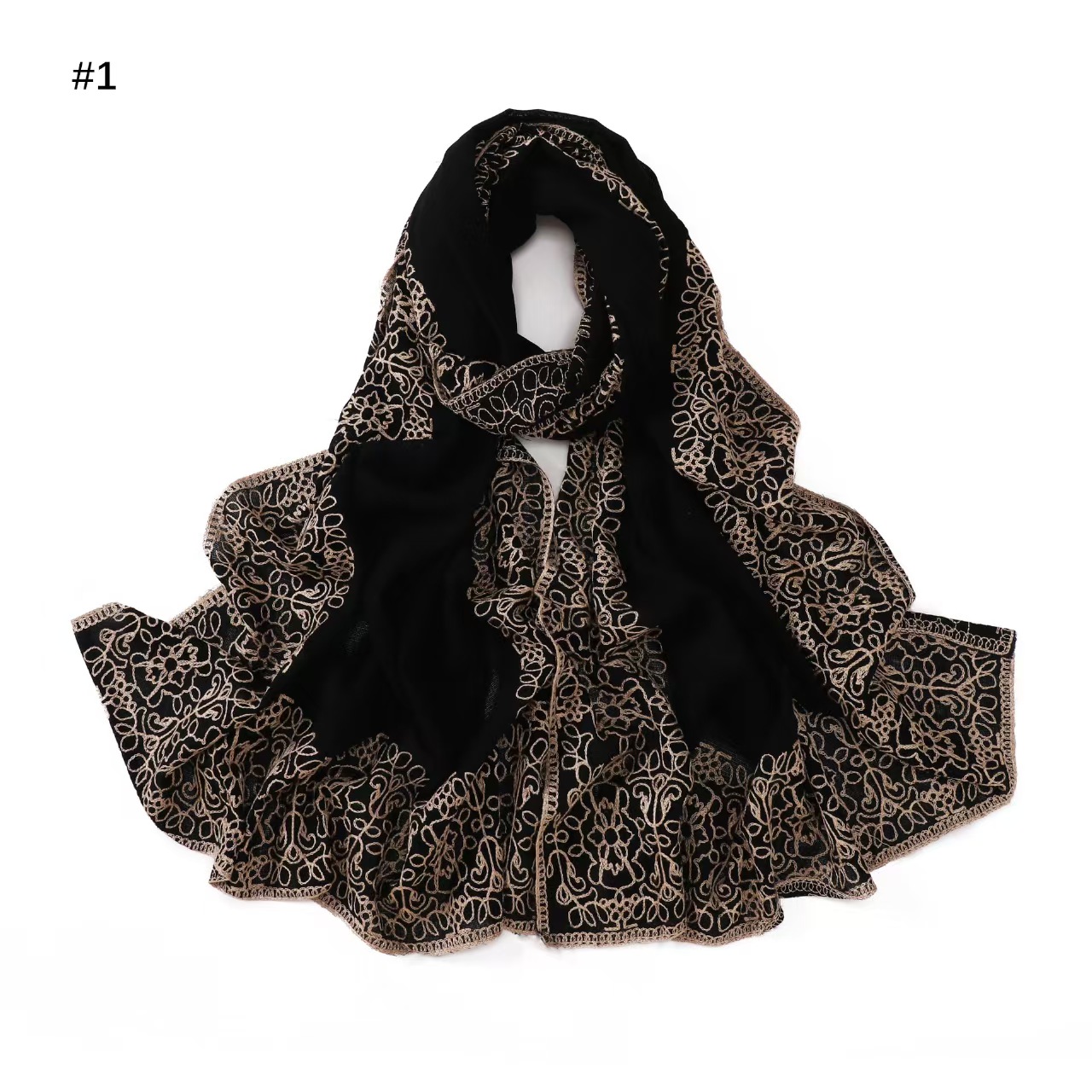 T1075 all-match classic black embroidered polyester long scarf headscarf ethnic style four-circle embroidered arc edge female shawl scarf