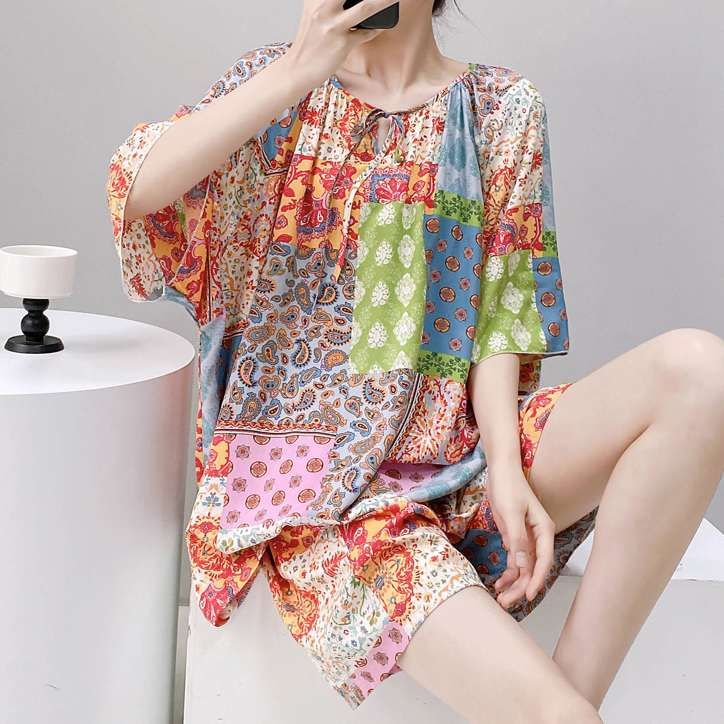 B936-Short-sleeved ladies pajamas summer thin cotton silk loose artificial cotton home clothes suit leisure suit thin