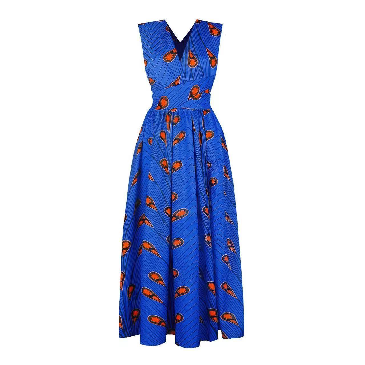 Feather Print Tie Multi-Way Dress Ethnic Style Womens Sexy Split Long Dress 210422