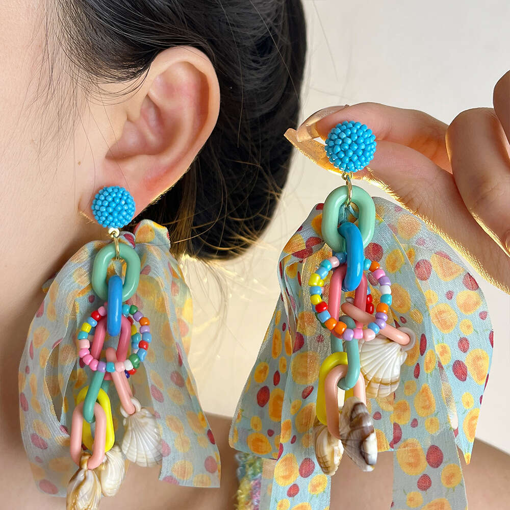 Dopamine Colorful Polka Dot Chiffon Bowknot for Women, Designer Style Rice Bead Long Hoop Shell Tassel Earrings