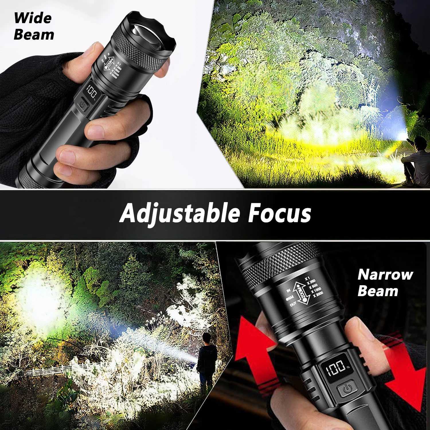 High Strong Power LED Flashlights 2000LM Tactical Torch with Display Light USB Charging Camping Fishing Emergency Zoom Lantern W250701