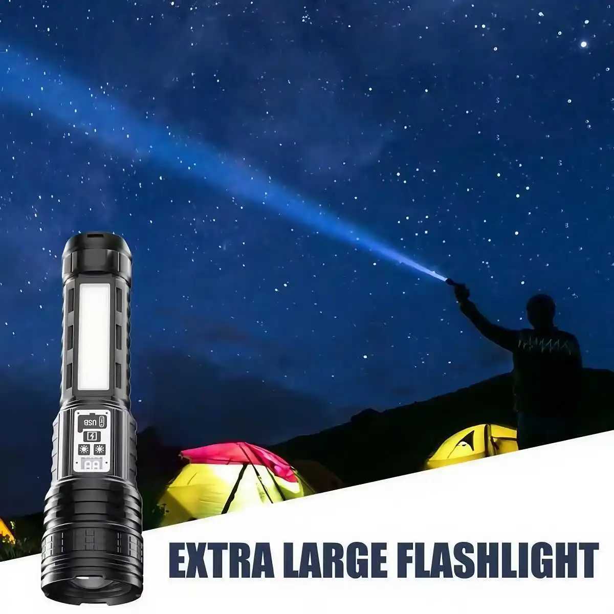 Bright Flashlight-Long Range Torch Outdoor Portable LED Flashlight with Side Light LCD Display for Camping Hiking Adventures W250701