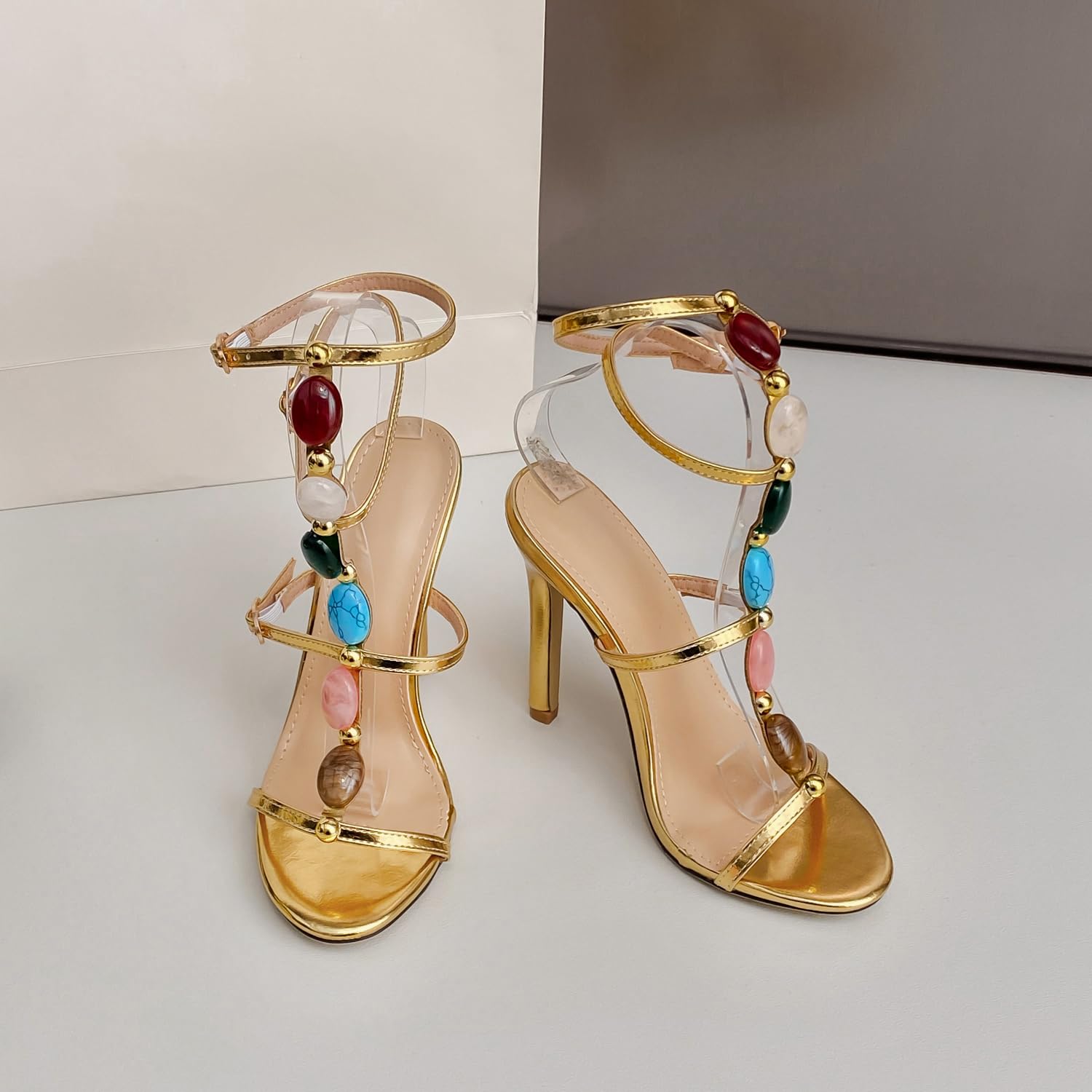 ARQA Jewelled Strappy Gold Heels for Women Open Toe Ankle Strap Gladiator Stiletto Heeled Sandals for Party Wedding