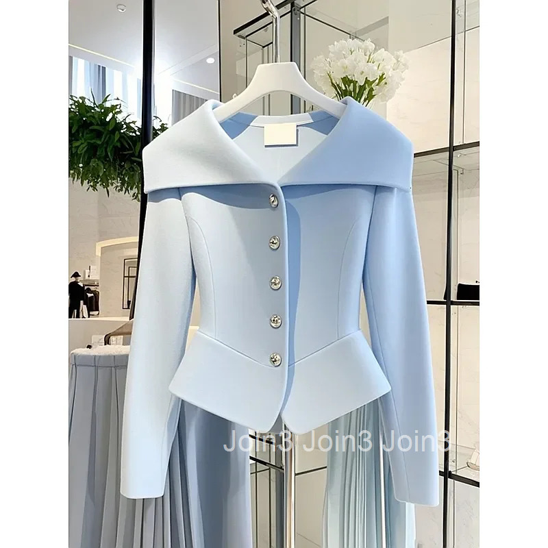 Small Fragrant Blue Blouse Women Spring Autumn Turn Down Collar Hem Irregular Top High-end Luxury Slim Shirt Office Lady Suit