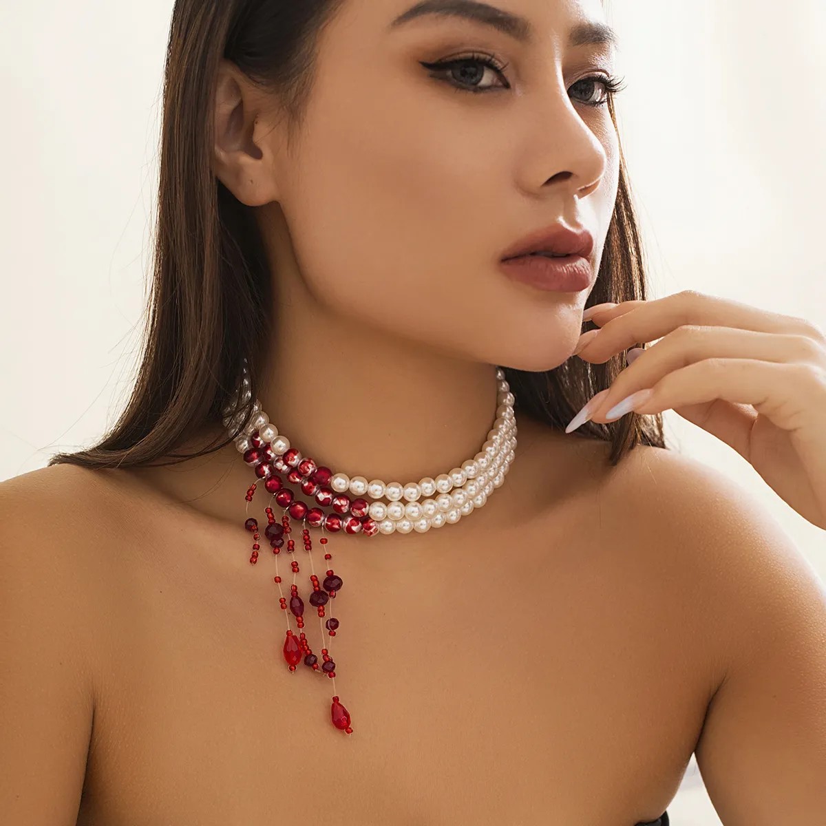 Elegant Multi-Layered Imitation Pearl and Crystal Tassel Choker Necklace for Women - Unique Red Bead Accent Design