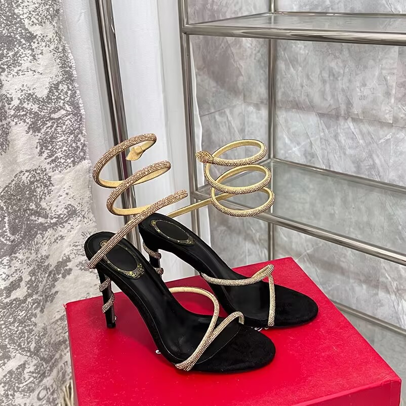 2025R Women Serpentine Wrapped Water Diamond Flower High Heels Fairy Style Thin Heels Sexy Open Toe Strap Sandals Rhinestone Ankle Snake Twine Around Wedding Shoes