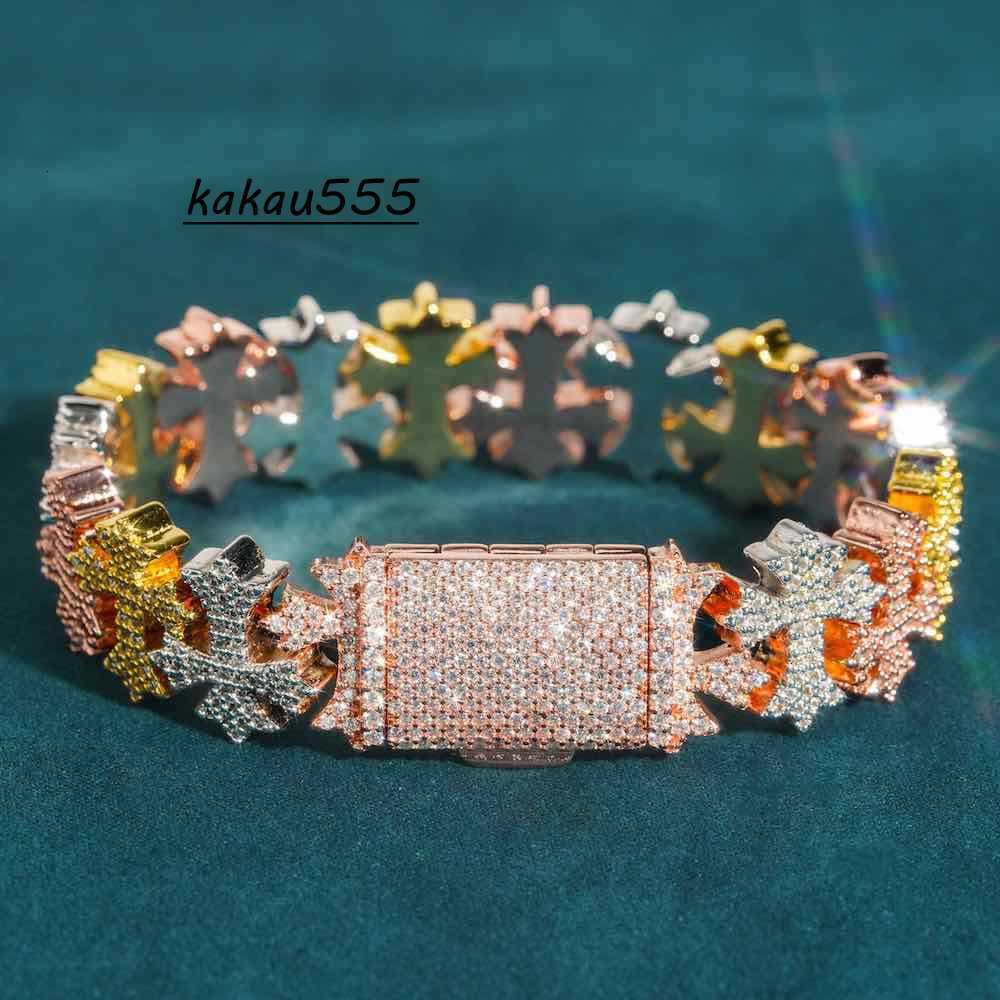 Vintage 16mm Moissanite Cross Link Bracelet Fine Hip Hop Diamond Jewelry for Weddings Charm Bracelets