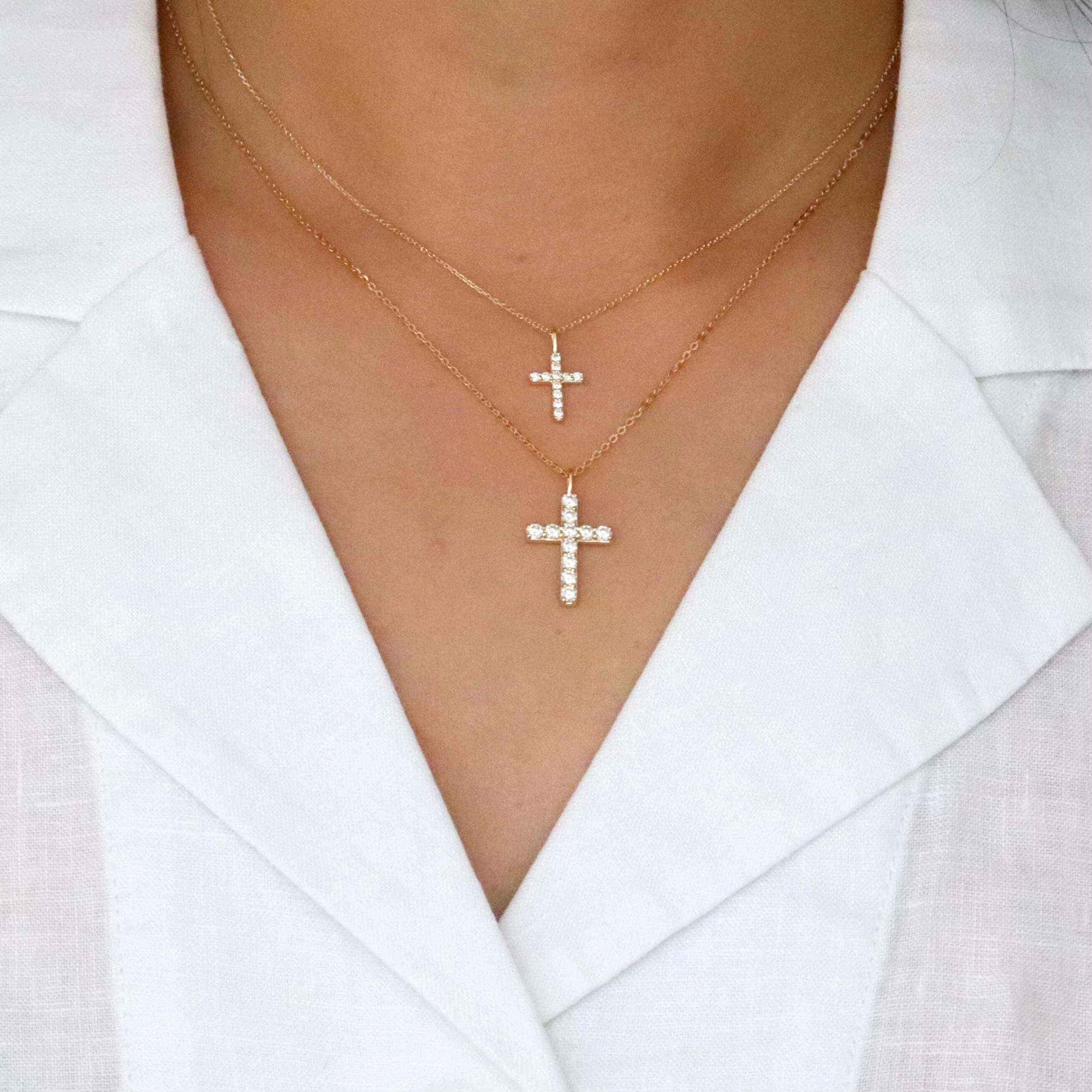 Cross Necklace Solid 10K Gold Moissanite Diamond Cross Pendant Religious Necklace Minimalist Necklace