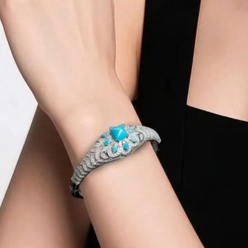 ZOCA 925 Sterling Silver Bangle Bracelets With Blue Synthetic Turquoise y ner Jewelry 250626