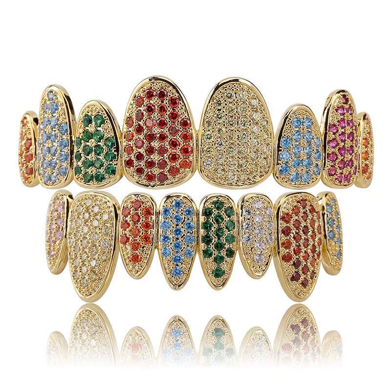 Micro Pave Zircon Hip Hop Teeth Grills Gold Silver Rainbow Punk Teeth GrillzOACOCA