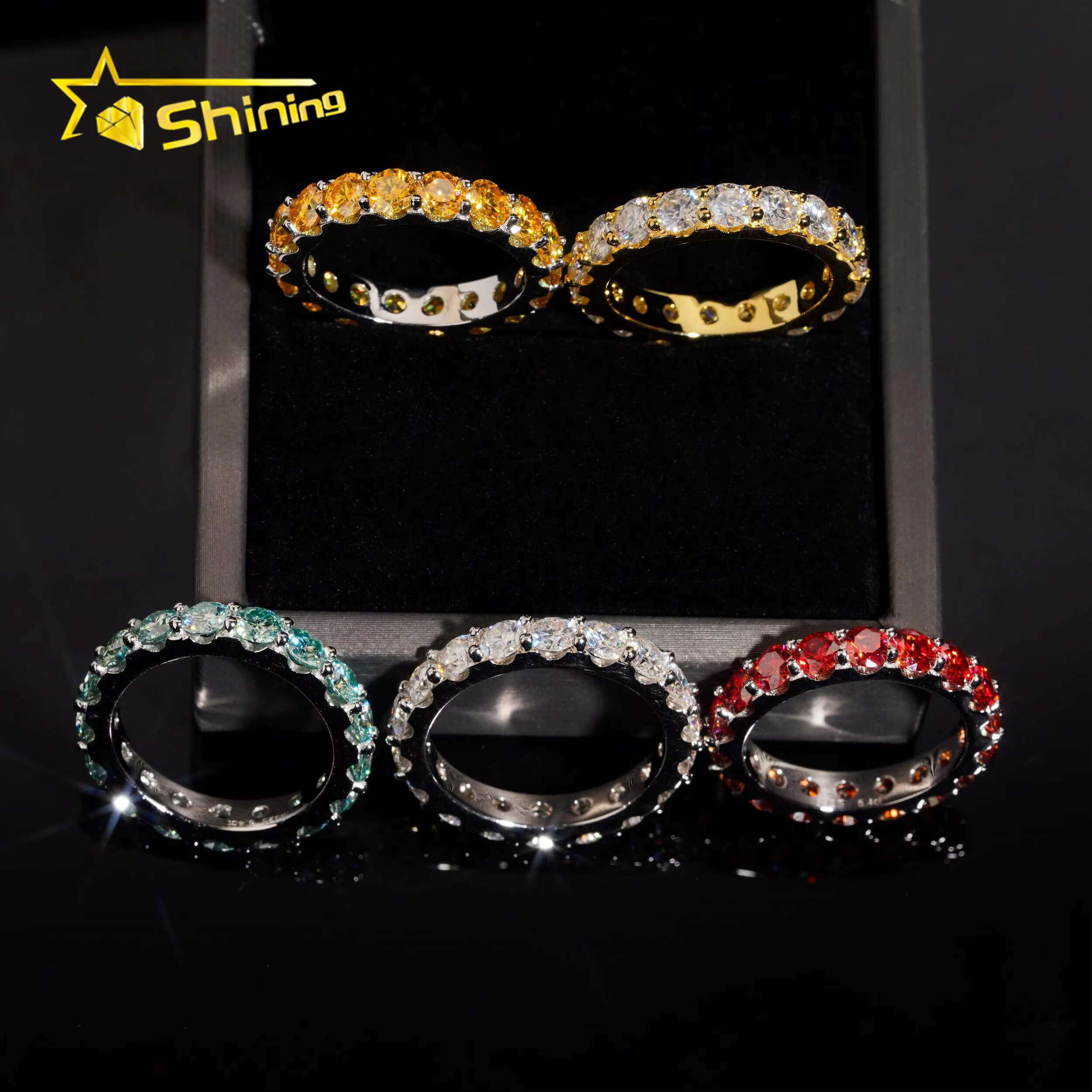 Pass Diamond Tester Wedding Jewelry Engagement Band Ring Hip Hop Rings Solid 925 Sterling Silver Colorful VVS1 Moissanite Ring