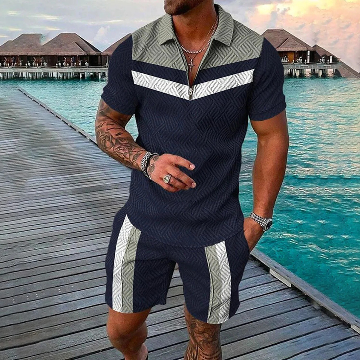 Funny 3D Printed Mens 2 Piece Sets Fashion Polo ShirtShorts Outfit Casual Short Sleeve Zipper Shirts Summer Hip Hop Streetwear 250624