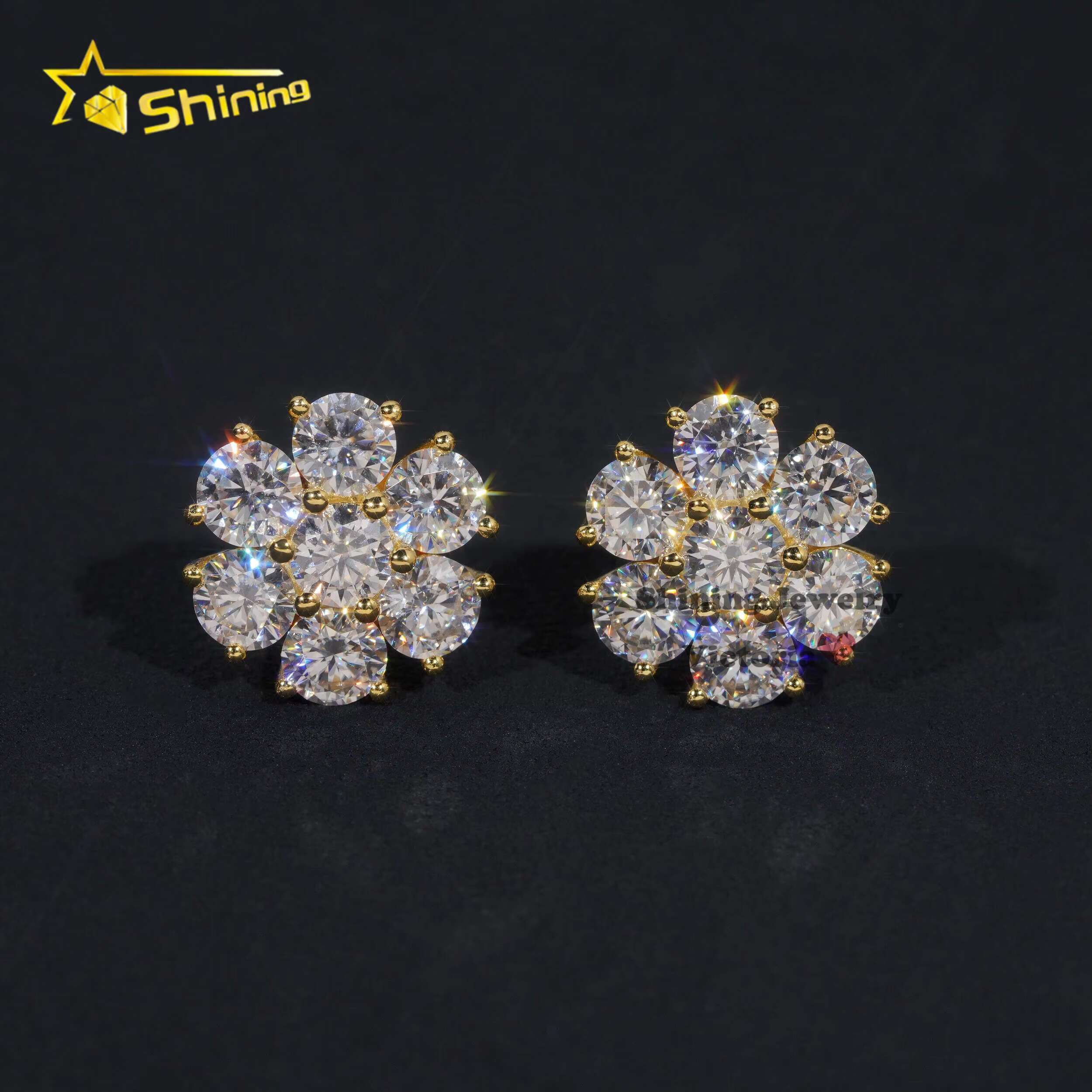 Wholesale Price Hip Hop Jewelry 15MM Flower Earrings VVS Moissanite Diamond 925 Sterling Silver Gold Plated Men Stud Earrings