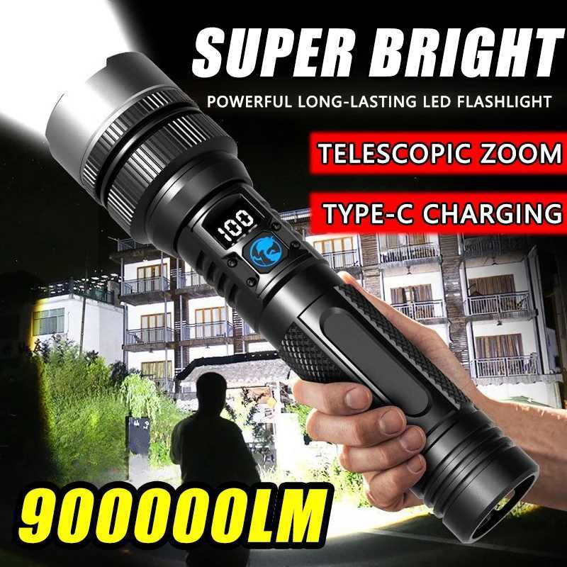 900000 LM Powerful LED Flashlight Zoom Torch with Digital Display Portable Type-c Rechargeable Flashlights for Camping Hiking W250701