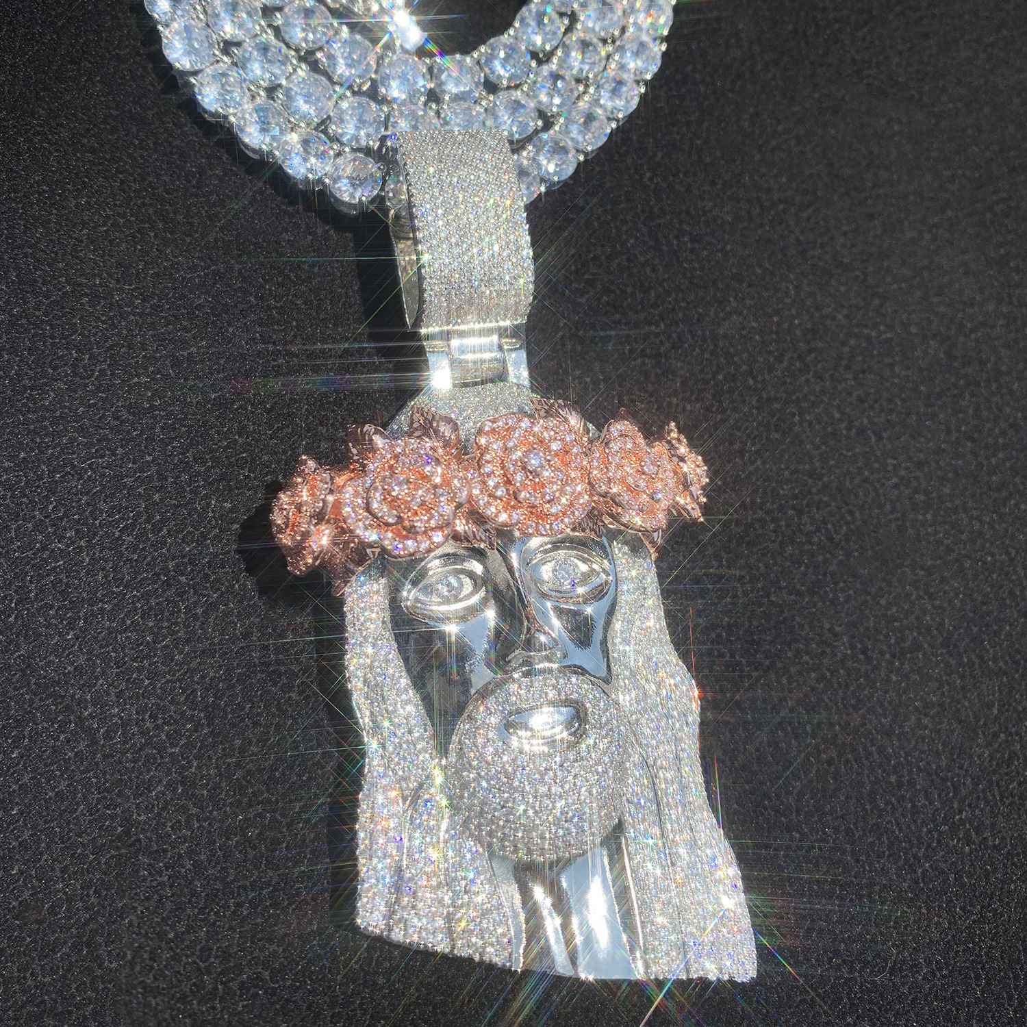 Unique Jesus Rose Design Hip-Hop Men's Pendant Street Fashion Zircon Necklace Pass the diamond tester