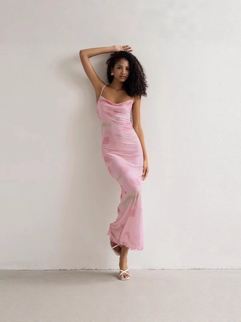 Y626New sexy sweet and spicy style one-shoulder mesh print long suspender dress