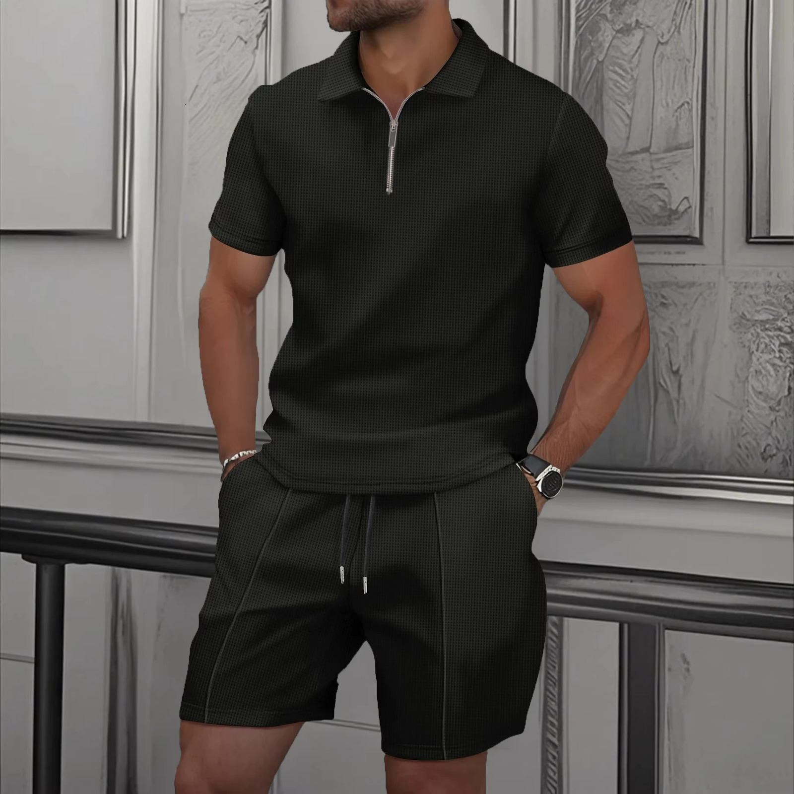 Mens Zip Polo Sets Solid Color 3D Print Casual Zipper Shirt Shorts 2pcs Business Sports Outfit Men Tracksuit Suit 250624