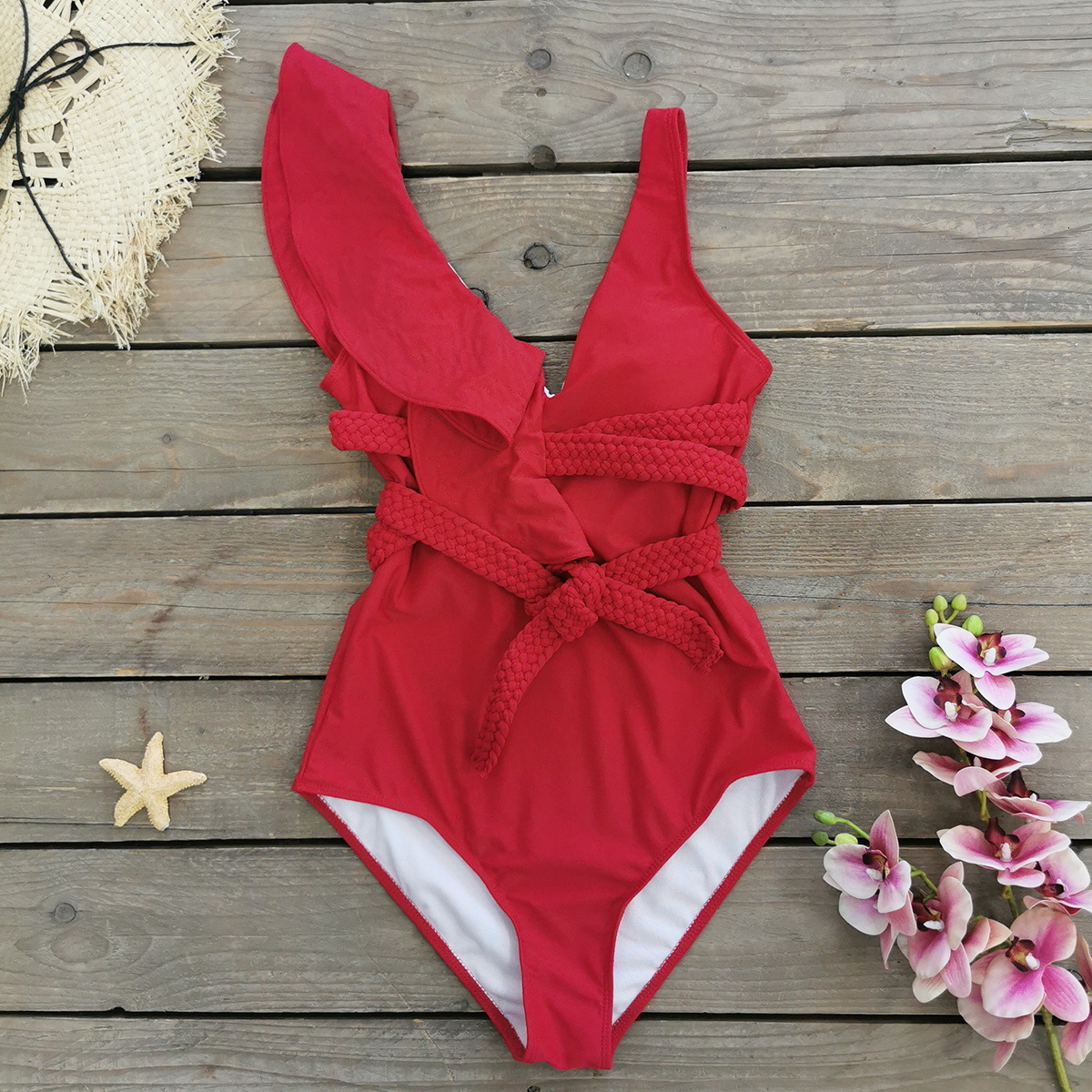 Women's Swimwear Swimwear Women Sexy Swimsuits Deep-v Beach Wear Shoulder Solid Ruffled Plus Size Bathing Suit Summer Micro Bikini 230417