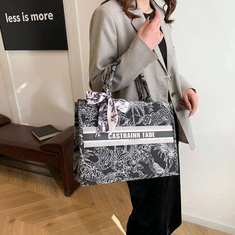 2025 New Women's Stylish Tote Bag with Silk Scarf Decoration, Embroidered, Large Capacity & Versatile, Shoulder - Carry Option