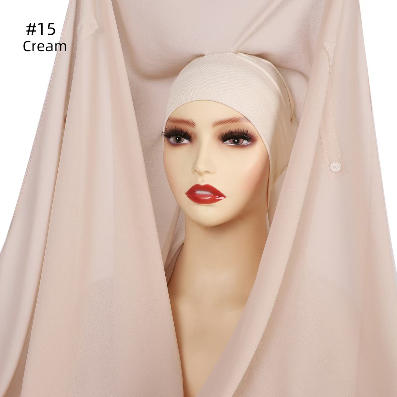 T1073 solid color pearl chiffon long scarf plus the same color elastic tube hat magnetic buckle integrated combination set scarf convenient headscarf