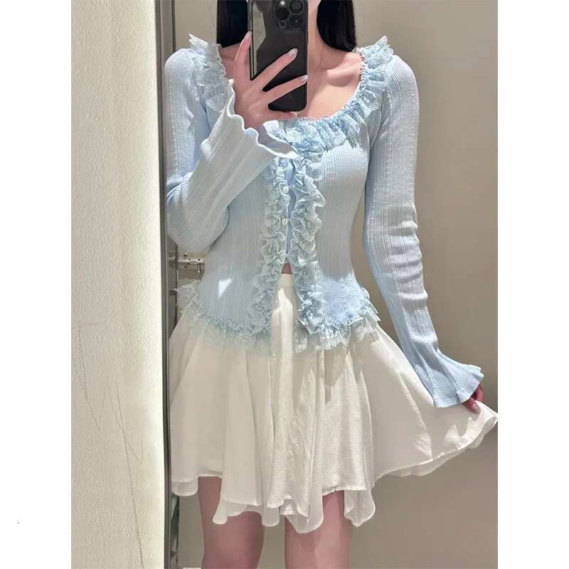 U-neck Long Flare Sleeve Outerwears Sweet Lace Fungus Cardigan Knit Sweater Japan Style Women Clothing Spring New Cardigans