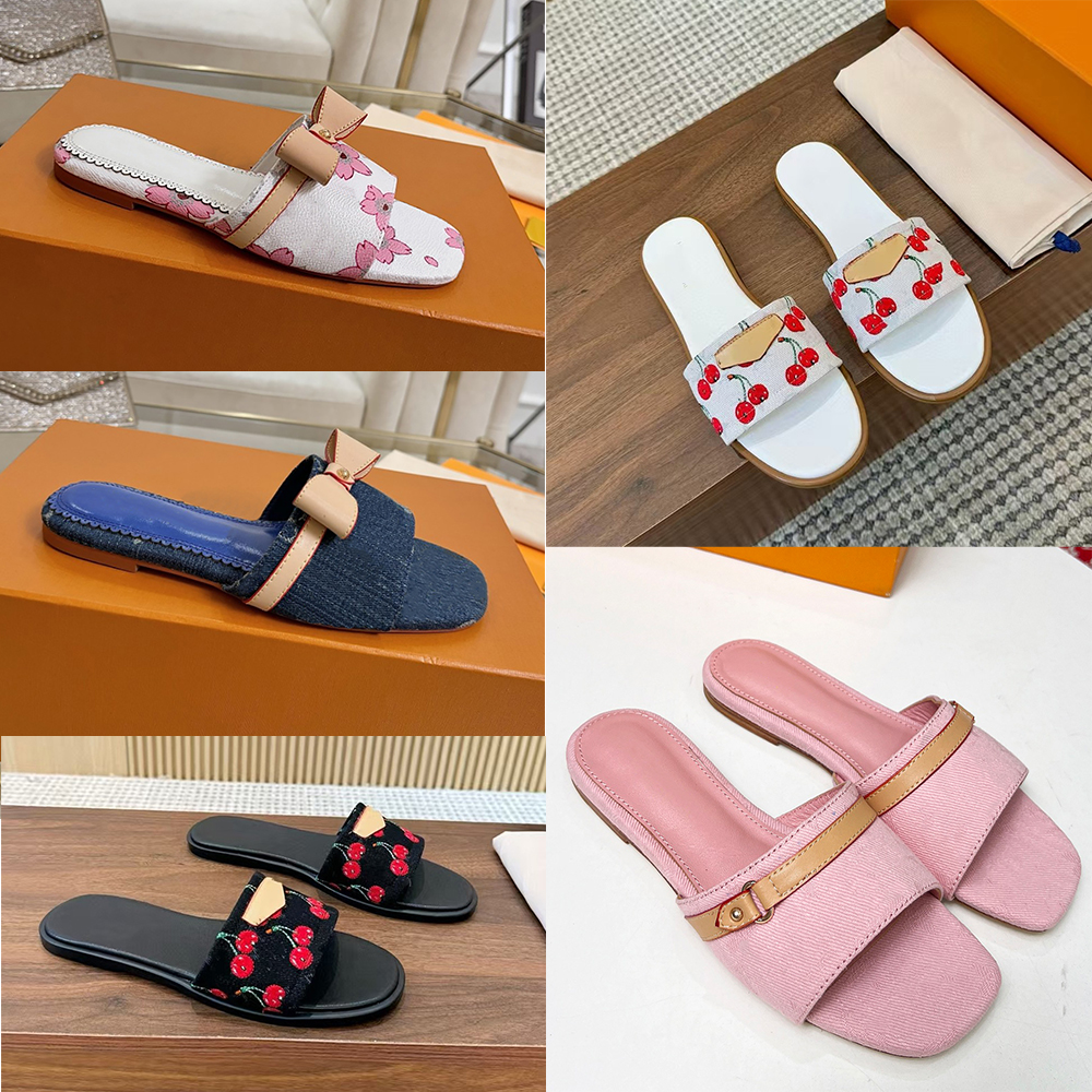 Cherry heels designer women sandals Bow Cowhide woman luxury denim sandal top quality Inside the sheepskin slides mules beach sandale Flat shoes 35-42