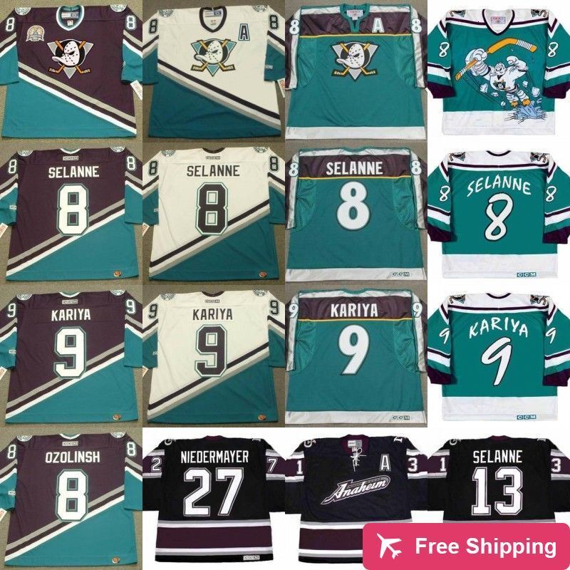 Cheap Anaheim Mighty Ducks 8 Sandis Ozolinsh 13 Teemu Selanne 9 Paul Kapiya 27 Scott Niedermayer 31 Guy Hebert Custom Hockey Jerseys S-5XL
