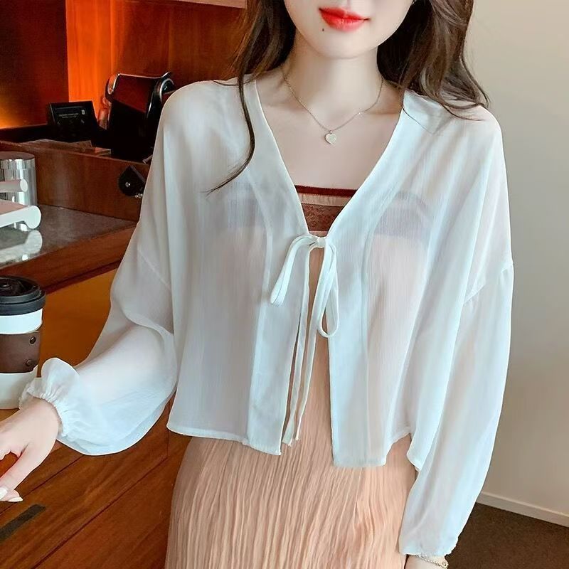 K1145 Chiffon sunscreen cardigan outerwear for women summer new style with suspender skirt small shawl blouse waistcoat short top