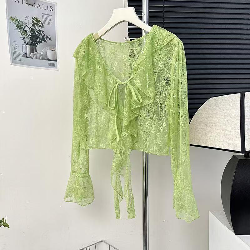 K1146 Sweet and fresh hollow hook flower lace blouse for women in summer with ruffled thin long sleeve sunscreen cardigan