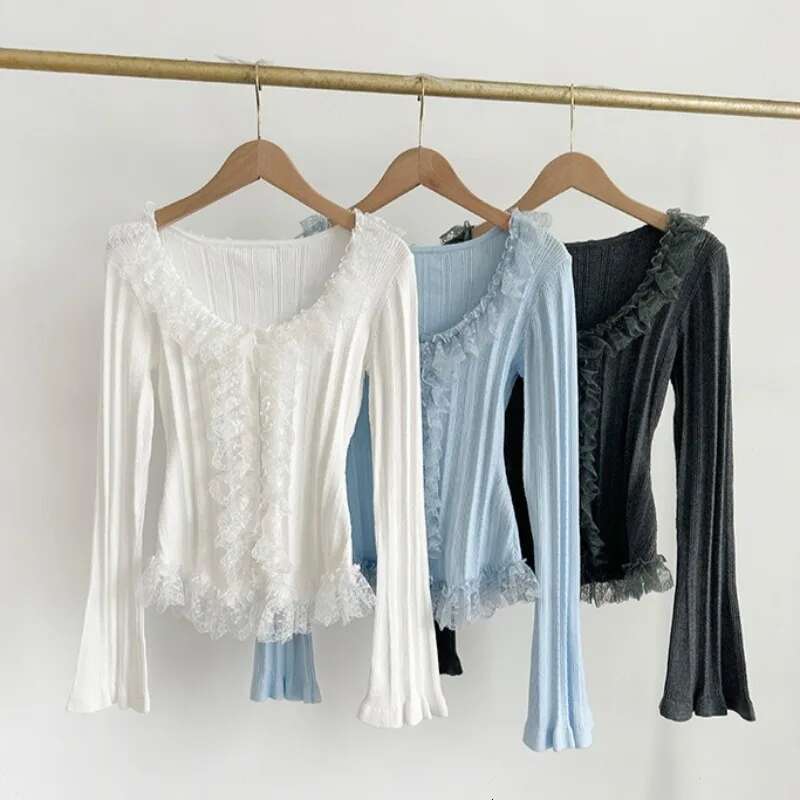 U-neck Long Flare Sleeve Outerwears Sweet Lace Fungus Cardigan Knit Sweater Japan Style Women Clothing Spring New Cardigans