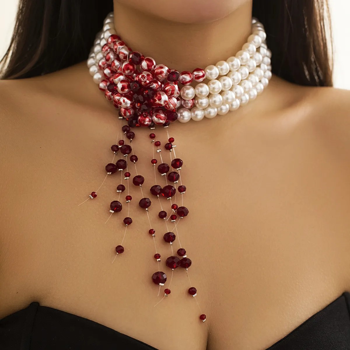 Elegant Multi-Layered Imitation Pearl and Crystal Tassel Choker Necklace for Women - Unique Red Bead Accent Design