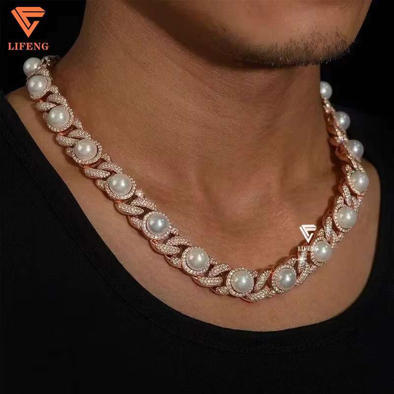 Lifeng 18K Rose Gold Plated 925 Silver Necklace Iced Diamond Moissanite New Design 15mm Pearl Bubble Cuban Link Chains for Gift