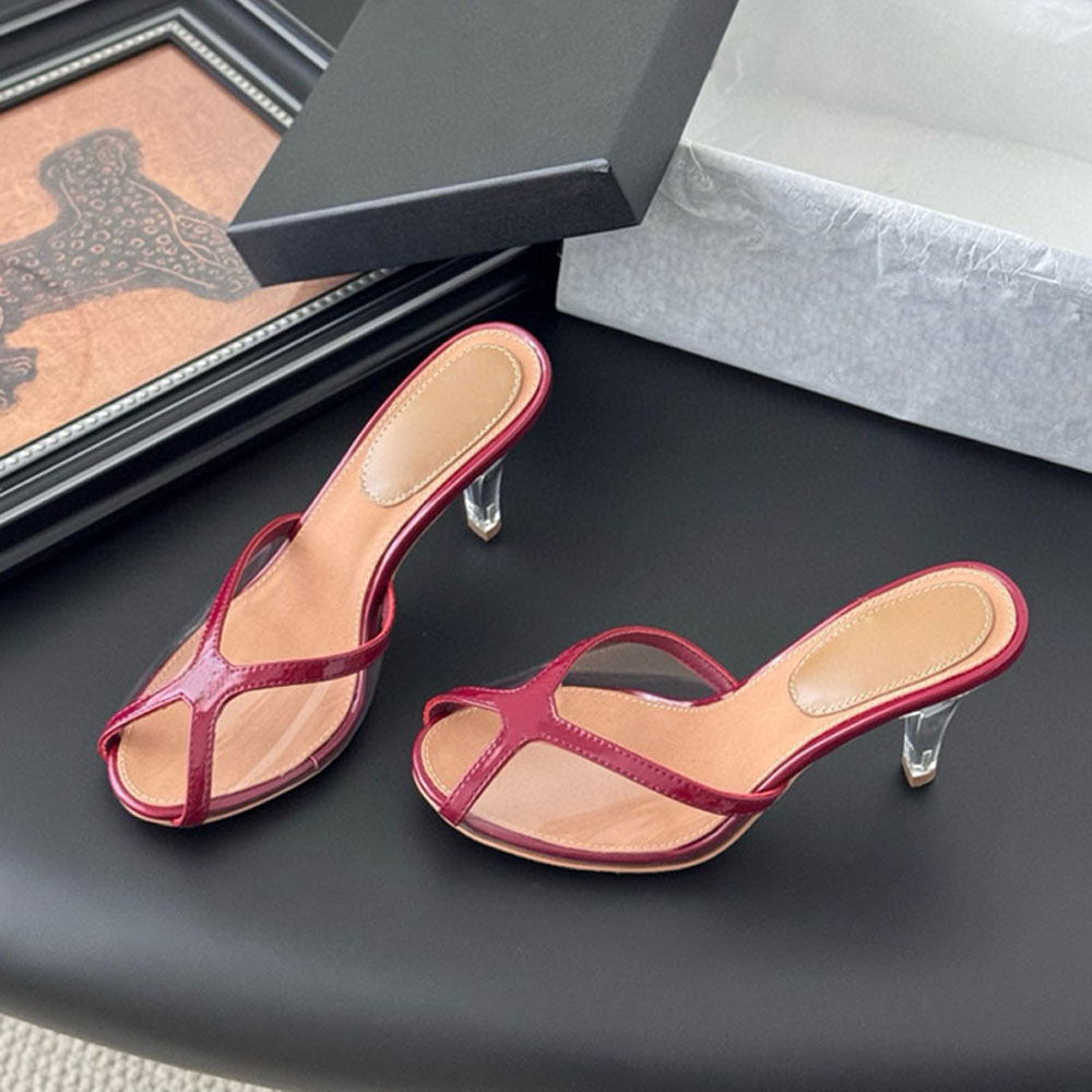NEW High quality mesh Clear heel slippers High-heeled sandals slides rhinestone Fish mouth open toes Luxury designer heels Dinner party shoes for womens
