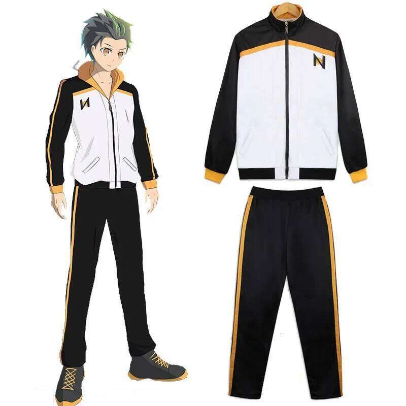 Subaru Anime Cosplay Costume Sportswear Re:Zero kara Himeru Isekai Seikatsu Jacket Pants Suit Black White Tracksuit Uniform