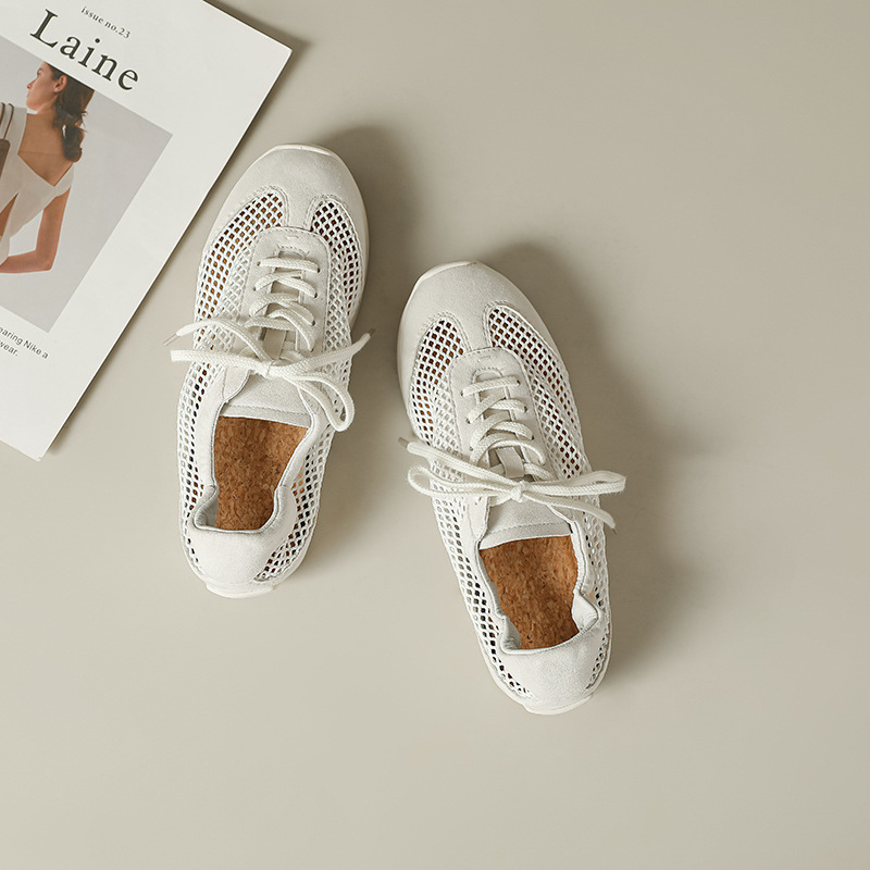 Flat Ballet Mesh Single Shoes Summer New Round Toe Spliced Front Lace-Up Lightweight Versatile Breathable Sneakers R250626