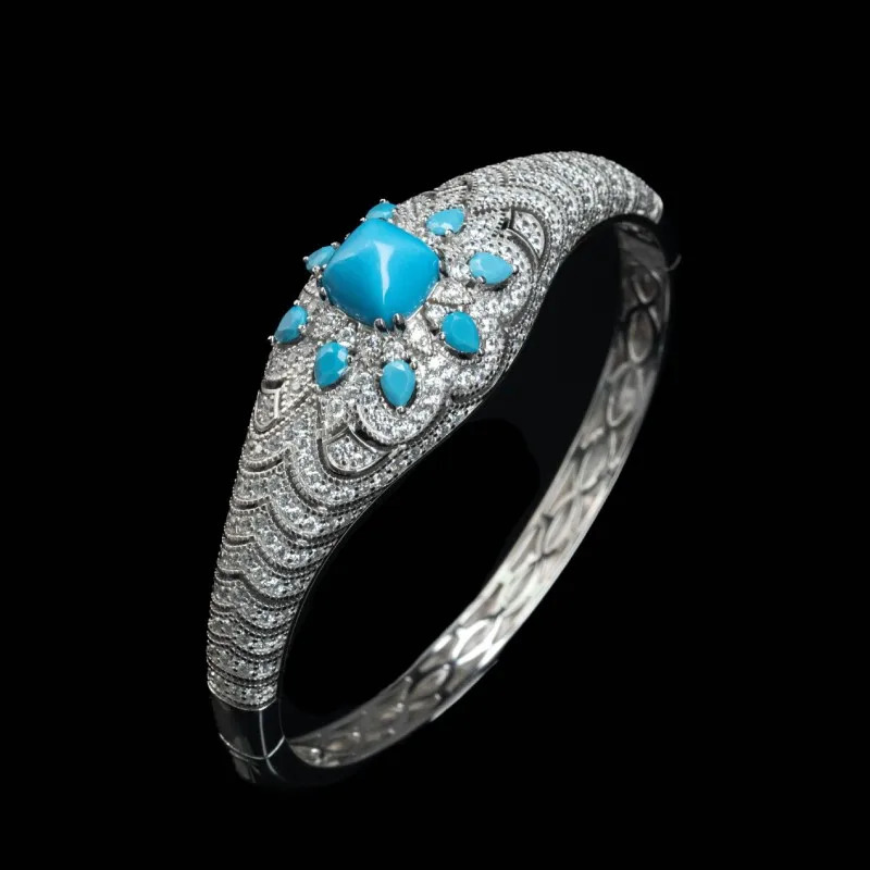 ZOCA 925 Sterling Silver Bangle Bracelets With Blue Synthetic Turquoise y ner Jewelry 250626