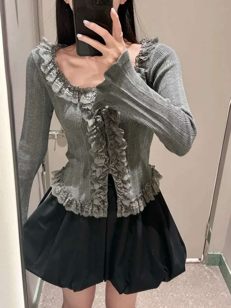 U-neck Long Flare Sleeve Outerwears Sweet Lace Fungus Cardigan Knit Sweater Japan Style Women Clothing Spring New Cardigans