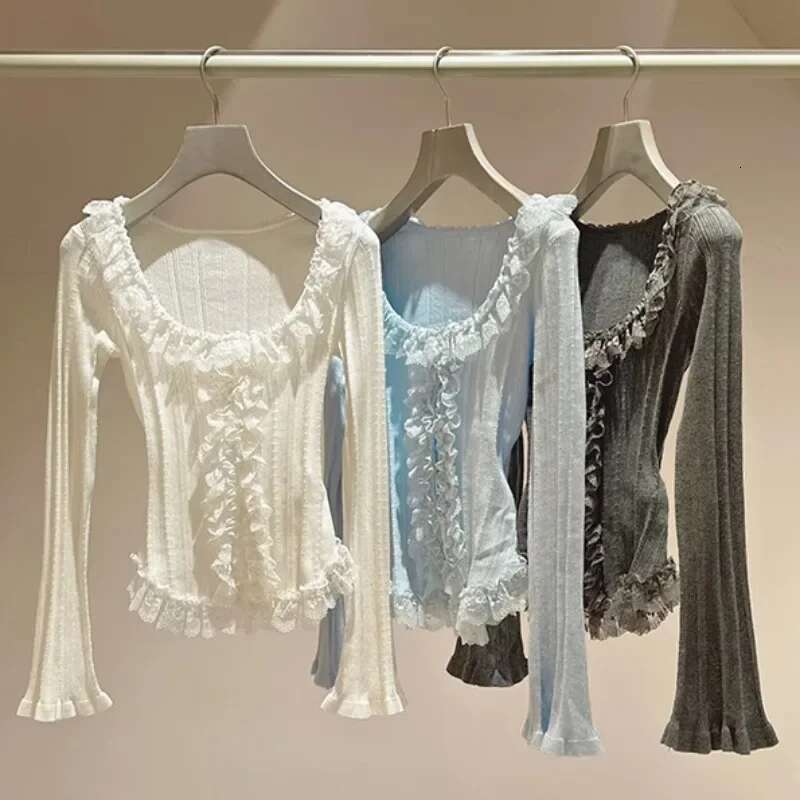 U-neck Long Flare Sleeve Outerwears Sweet Lace Fungus Cardigan Knit Sweater Japan Style Women Clothing Spring New Cardigans