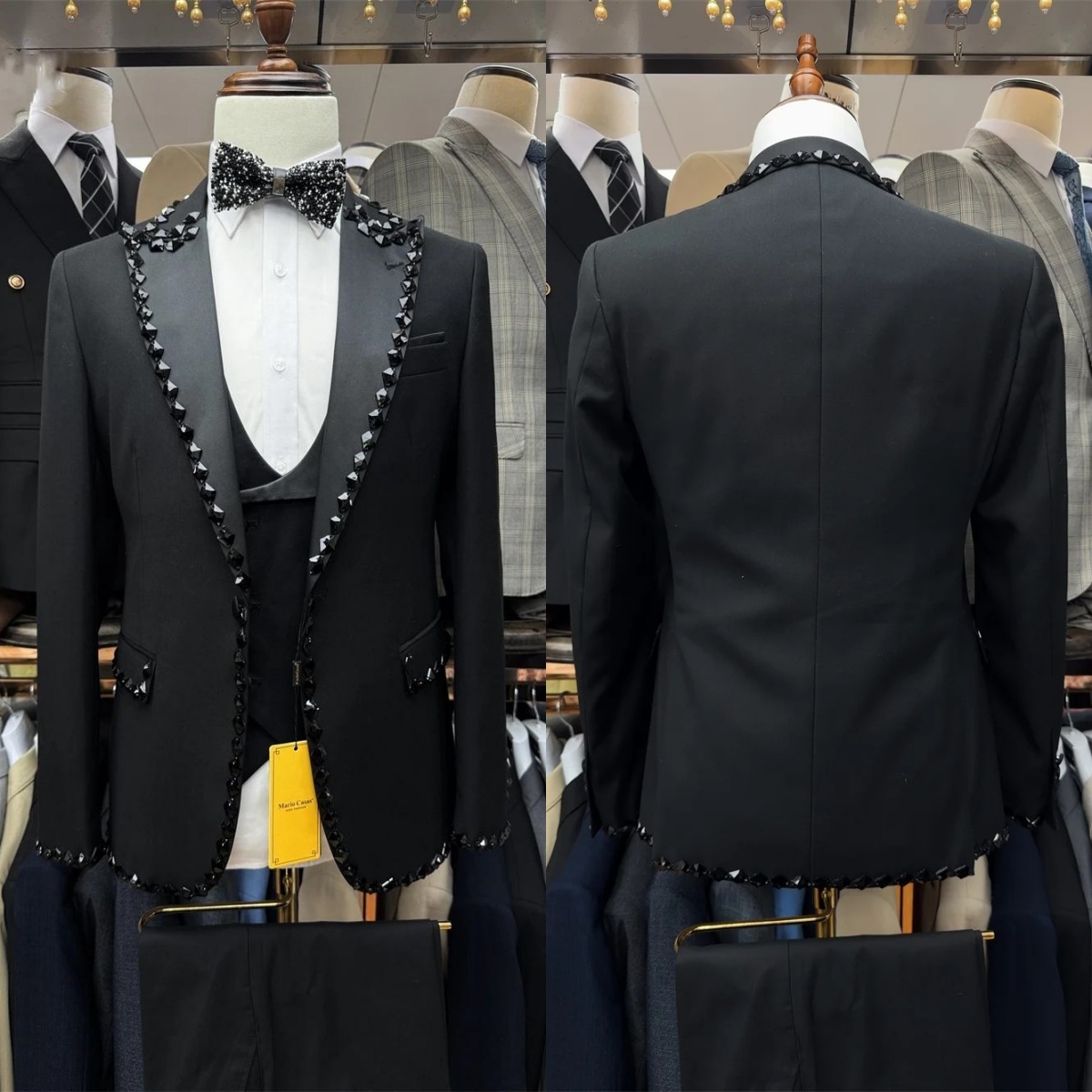 Elegant Crystal Men Suits Wedding Tailor-Made 2 Pieces Set Peaked Lapel Rhinestone Jacket Blazer One-Button Customized Coat Pants Plus Size