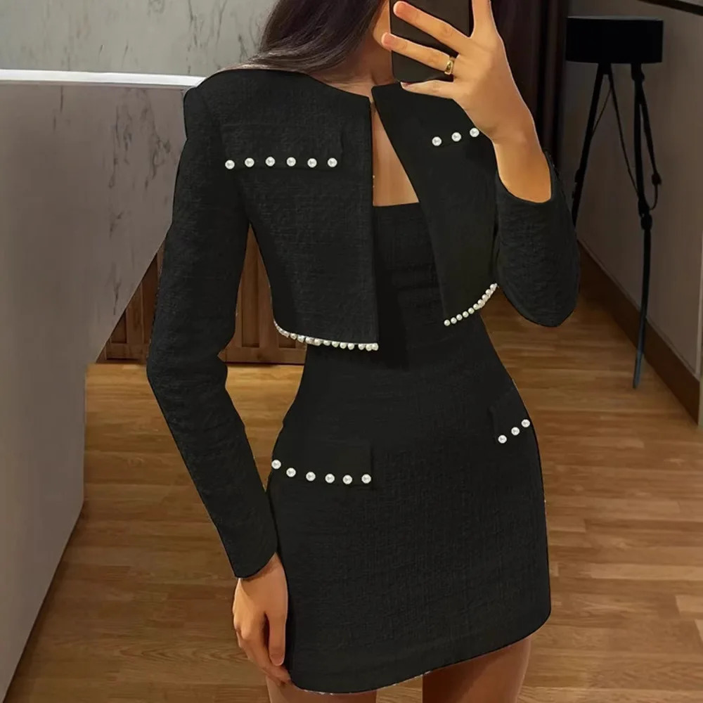 Two Piece Set Women Sexy Strapless Dress Short Coat Pearls Slim Dresses Suit Ensemble 2025 Female Temperament Vestidos Outfits 250618
