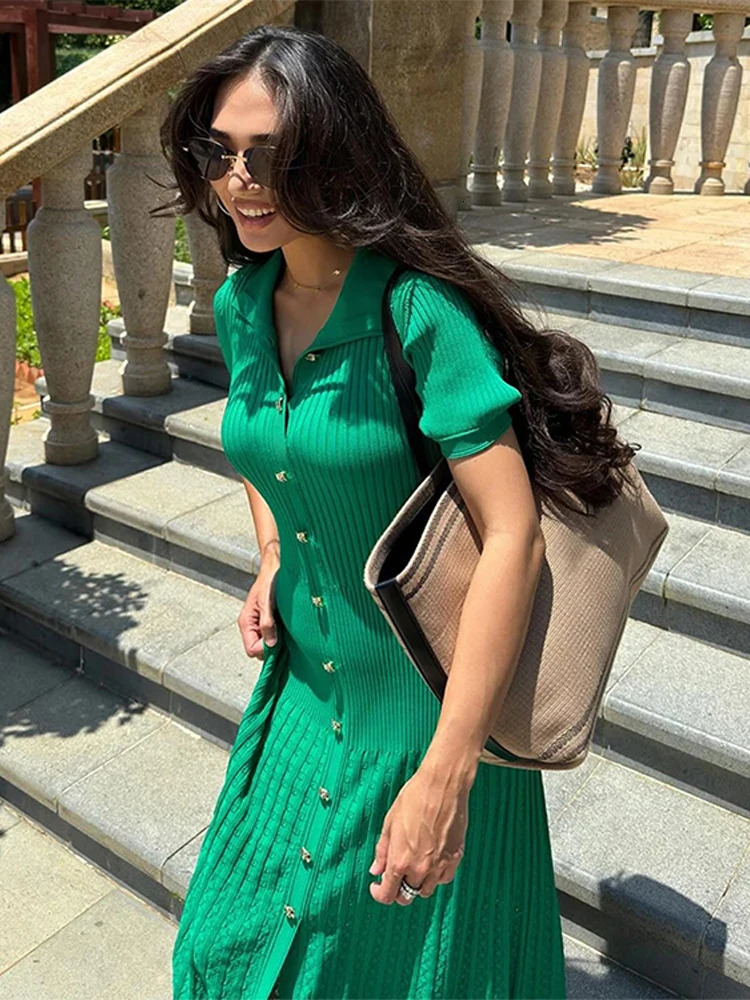 Knit Solid Womens Dress Short Sleeve O Neck Lady Dresses 2025 Elegant Summer Single Breasted Hip Package High Waist Female Rube 250625
