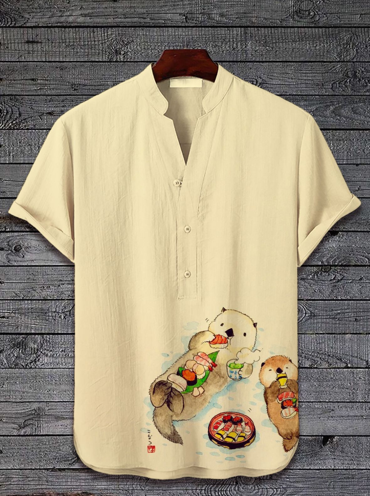 Men Summer Shirts Short Sleeve Shirt Casual Style New 3D Digital Heat Transfer Printed Animal Landscape Pattern 3-Button Stand Collar Short Sleeve Shi