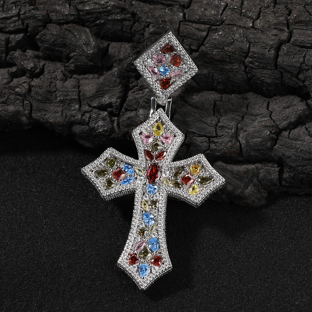 Hip Hop Rhombus Clasp Cross Pendant Necklace Colorful 5A T Zircons Women Mens Religious Jewelry