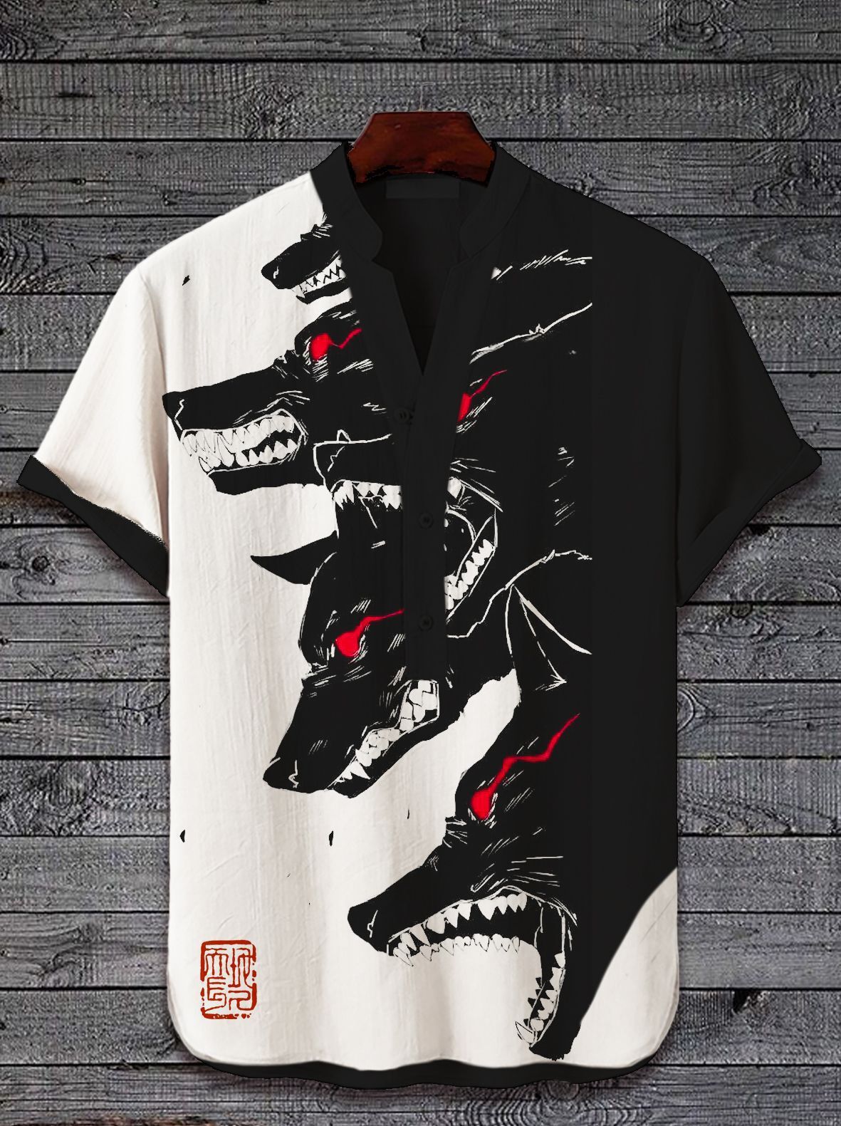 Men Summer Shirts Short Sleeve Shirt Casual Style New 3D Digital Heat Transfer Printed Animal Landscape Pattern 3-Button Stand Collar Short Sleeve Shi