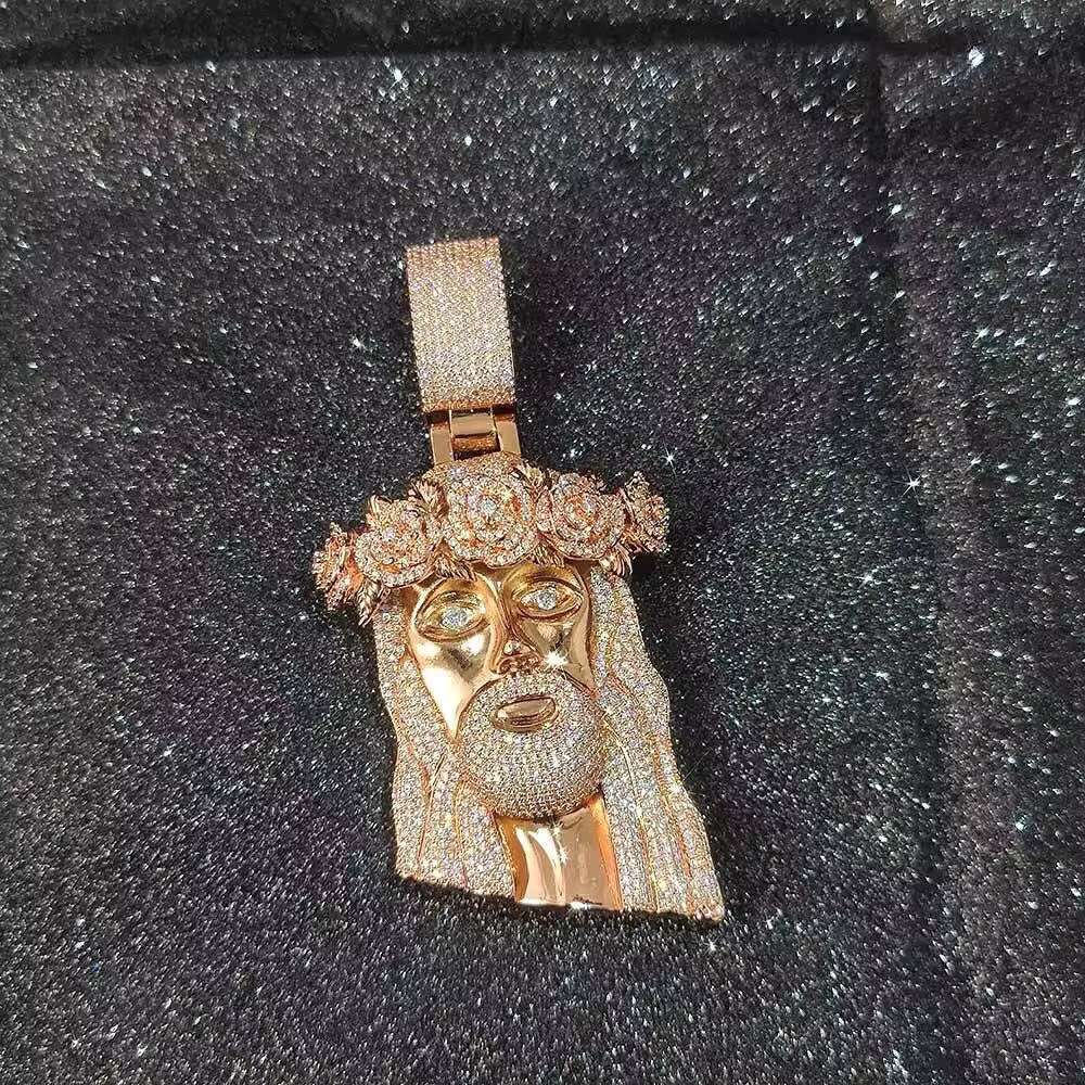 Hot Sale 925 Sterling Silver Jesus Head Pendant Rose Gold Plated Moissanite Inlay Jesus Christ Statue Prayer Pendants Charms